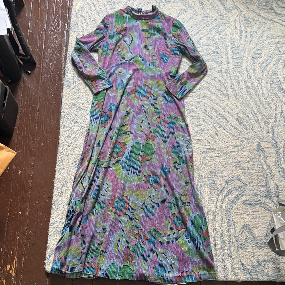 Vintage 1960s super groovy, psychedelic silky polyester maxi dress L